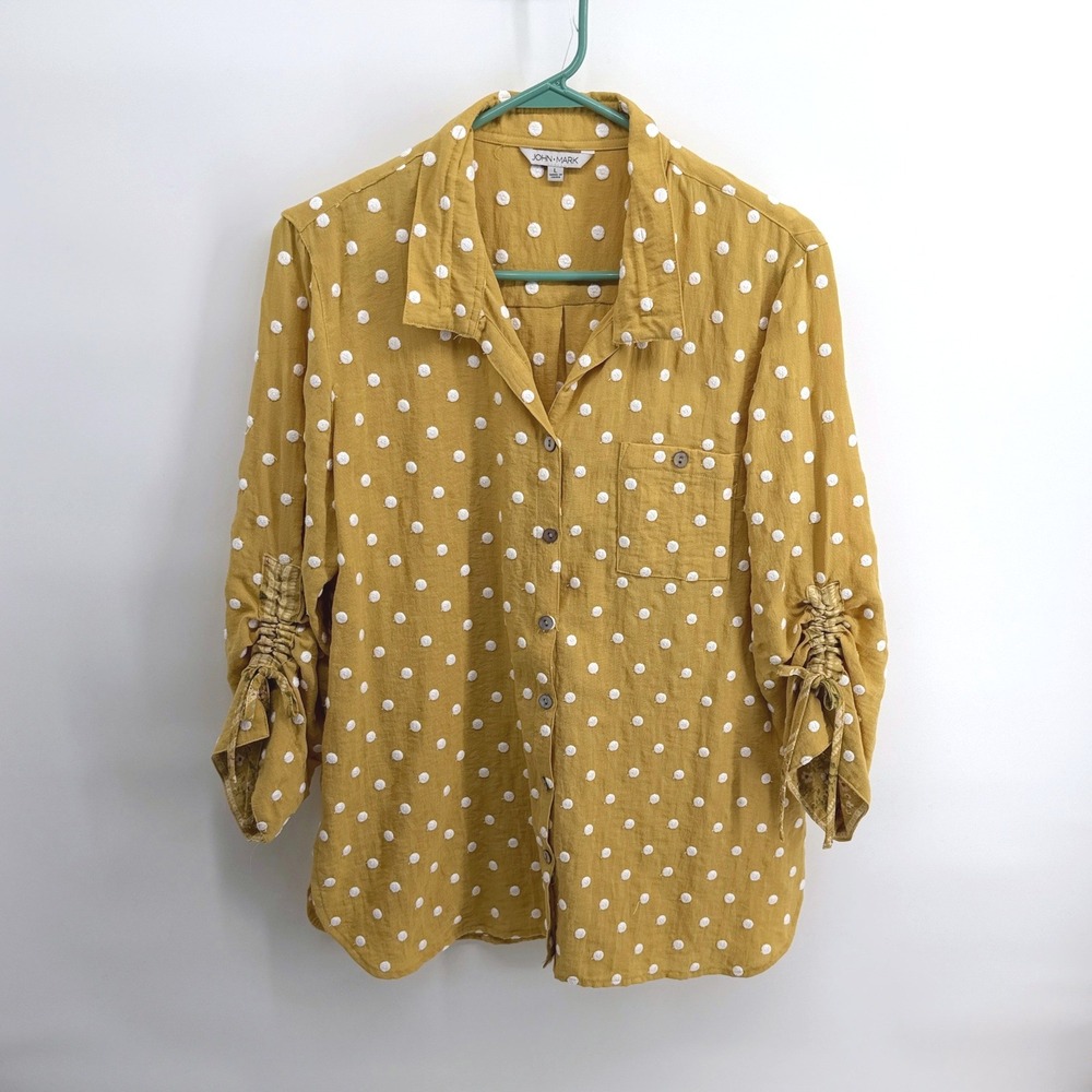 John Mark Button Down Shirt Embroidered Polka Dot L Mustard Yellow Womens Boho